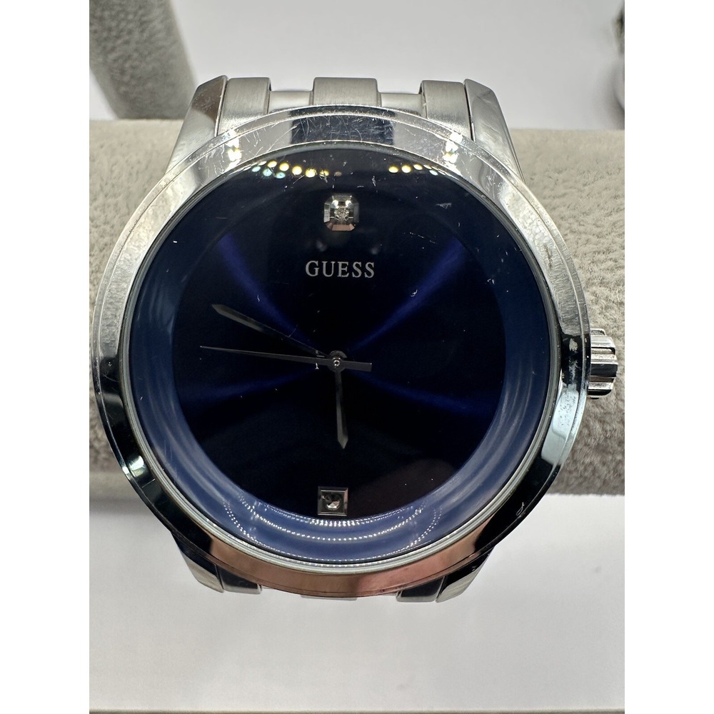 Guess Steel Watch Men U11576G2 Silver Tone Round Blue Dial 44mm New Battery 7"